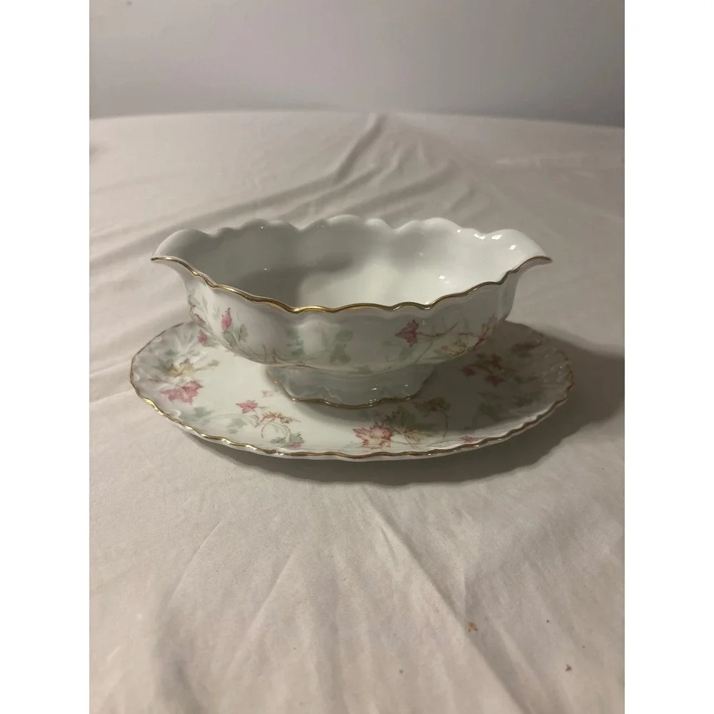Hutschenreuther Selb Bavaria Floral Gravy Boat Attached Plate Gold Trim
